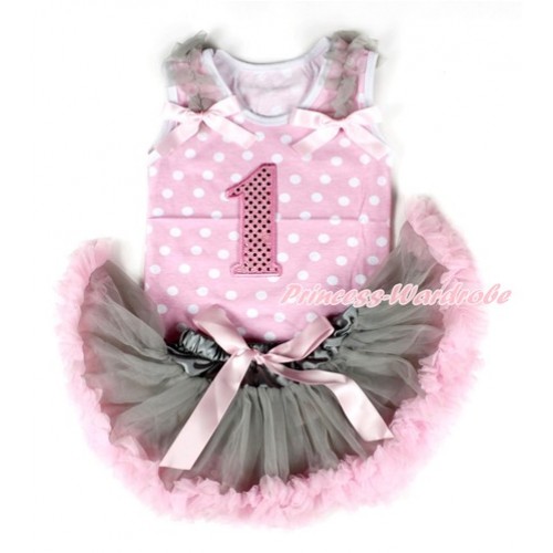 Light Pink White Dots Baby Pettitop with 1st Sparkle Light Pink Birthday Number Print with Grey Ruffles & Light Pink Bows with Grey Light Pink Newborn Pettiskirt NP038 
