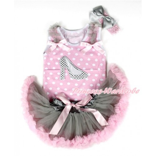 Light Pink White Dots Baby Pettitop with Sparkle White High Heel Shoes Print with Grey Ruffles & Light Pink Bows & Grey Light Pink Newborn Pettiskirt With Light Pink Headband Grey Silk Bow NP044 