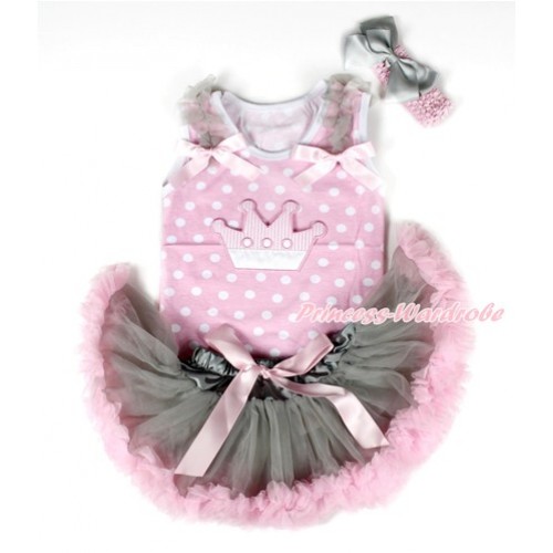 Light Pink White Dots Baby Pettitop with Crown Print with Grey Ruffles & Light Pink Bows & Grey Light Pink Newborn Pettiskirt With Light Pink Headband Grey Silk Bow NP048 