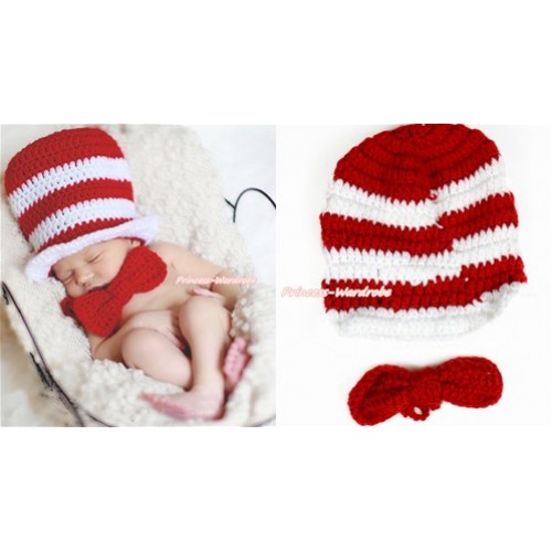 Magic Red White Stripe Hat & Red Bow Photo Prop Crochet Newborn Baby Custome C213 