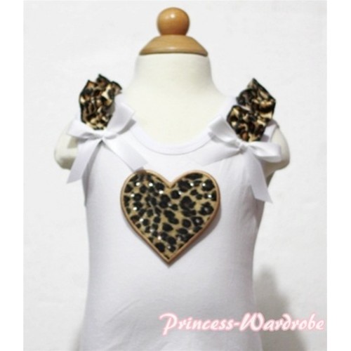 Leopard Heart White Tank Top with Leopard Ruffles and White Bows TB120 