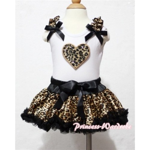 White Baby Pettitop & Leopard Heart & Leopard Ruffles & Black Bows with Black Leopard Baby Pettiskirt NG314 