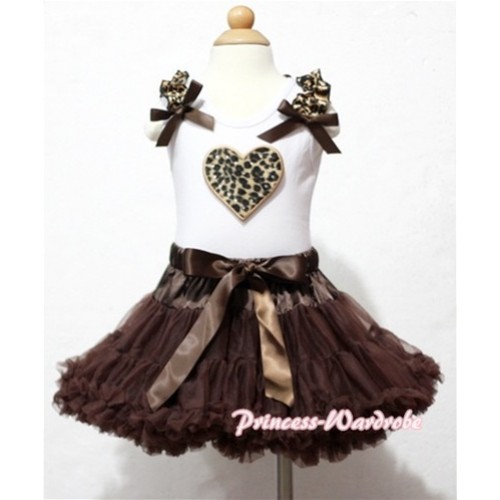 Leopard Heart Print White Tank Top With Leopard Ruffles & Brown Bows with Brown Pettiskirt MM100 