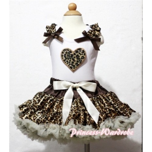 Leopard Heart Print White Tank Top With Leopard Ruffles & Brown Bows with Cream White Leopard Pettiskirt MM102 