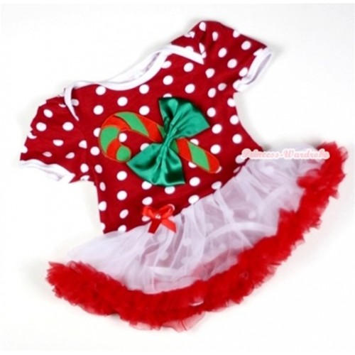 Minnie Dots Baby Jumpsuit White Red Pettiskirt with Christmas Stick & Kelly Green Bow Print JS014 