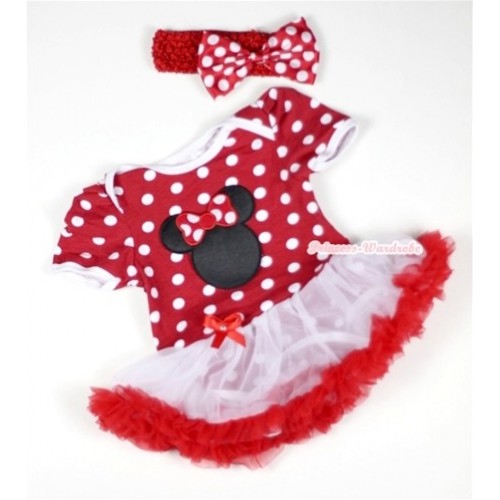 Minnie Dots Baby Jumpsuit White Red Pettiskirt With Minnie Print With Red Headband Minnie Satin Bow JS016 