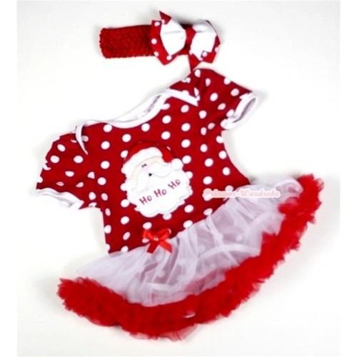 Minnie Dots Baby Jumpsuit White Red Pettiskirt With Santa Claus Print With Red Headband White Red White Polka Dots Ribbon Bow JS017 
