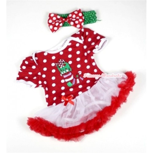 Minnie Dots Baby Jumpsuit White Red Pettiskirt With Christmas Stocking Print With Green Headband Minnie Satin Bow JS019 