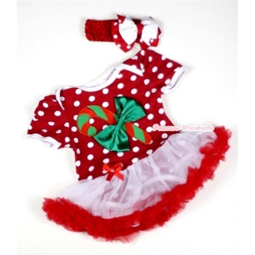 Minnie Dots Baby Jumpsuit White Red Pettiskirt With Christmas Stick &Kelly Green Bow Print With Red Headband White Red White Polka Dots Ribbon Bow JS020 