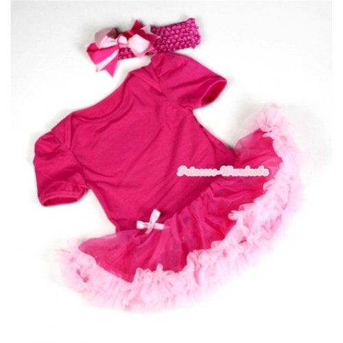 Hot Pink Baby Jumpsuit Hot Light Pink Pettiskirt With Hot Pink Headband Hot Light Pink Ribbon Bow JS032 