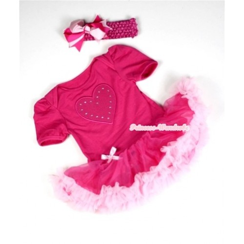 Hot Pink Baby Jumpsuit Hot Light Pink Pettiskirt With Hot Pink Heart Print With Hot Pink Headband Hot Light Pink Ribbon Bow JS036 