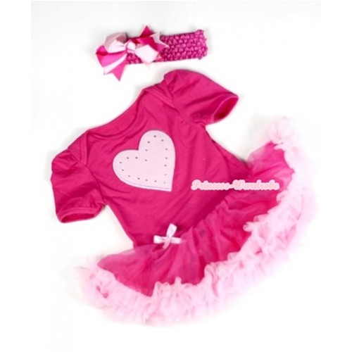 Hot Pink Baby Jumpsuit Hot Light Pink Pettiskirt With Light Pink Heart Print With Hot Pink Headband Hot Light Pink Ribbon Bow JS037 