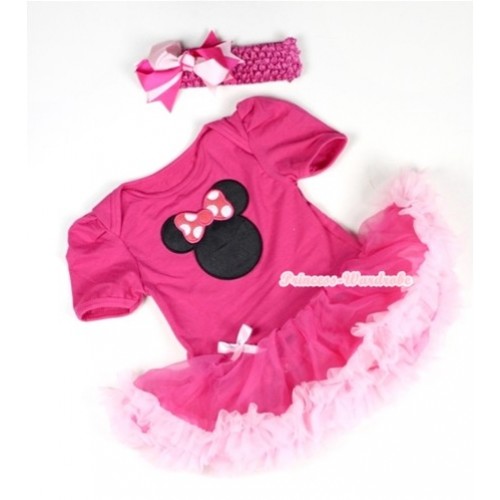 Hot Pink Baby Jumpsuit Hot Light Pink Pettiskirt With Hot Pink Minnie Print With Hot Pink Headband Hot Light Pink Ribbon Bow JS038 