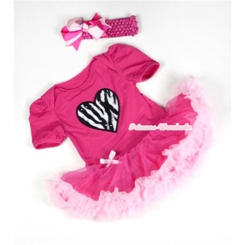 Hot Pink Baby Jumpsuit Hot Light Pink Pettiskirt With Zebra Heart Print With Hot Pink Headband Hot Light Pink Ribbon Bow JS039 