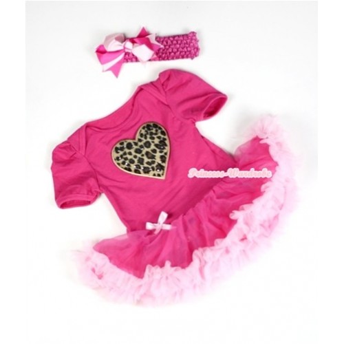 Hot Pink Baby Jumpsuit Hot Light Pink Pettiskirt With Leopard Heart Print With Hot Pink Headband Hot Light Pink Ribbon Bow JS040 