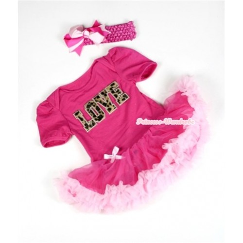 Hot Pink Baby Jumpsuit Hot Light Pink Pettiskirt With Leopard Love Print With Hot Pink Headband Hot Light Pink Ribbon Bow JS041 