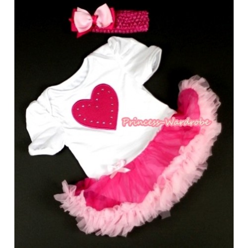 White Baby Jumpsuit Hot Light Pink Pettiskirt With Hot Pink Heart Print With Hot Pink Headband Light Hot Pink Ribbon Bow JS050 