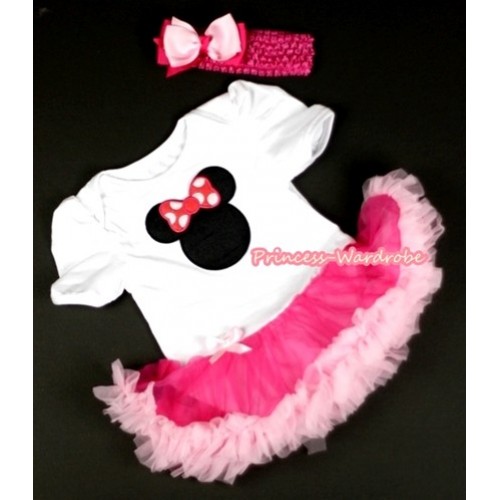 White Baby Jumpsuit Hot Light Pink Pettiskirt With Hot Pink Minnie Print With Hot Pink Headband Light Hot Pink Ribbon Bow JS052 