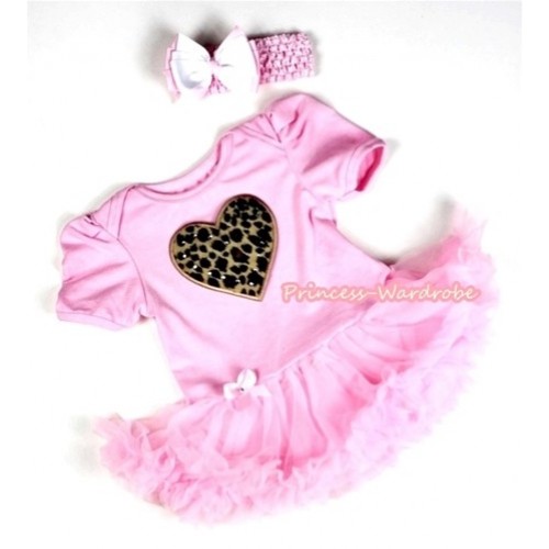 Light Pink Baby Jumpsuit Light Pink Pettiskirt With Leopard Heart Print With Light Pink Headband Light Pink White Ribbon Bow JS068 