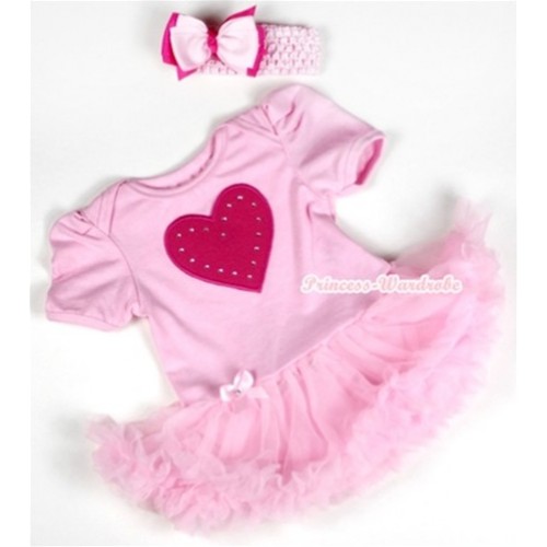 Light Pink Baby Jumpsuit Light Pink Pettiskirt With Hot Pink Heart Print With Light Pink Headband Light Pink Hot Pink Ribbon Bow JS069 