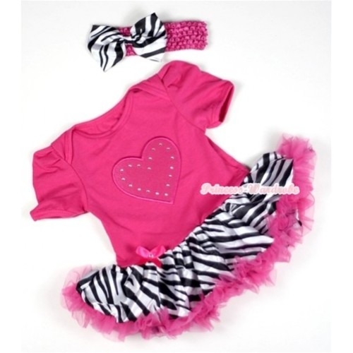 Hot Pink Baby Jumpsuit Hot Pink Zebra Pettiskirt With Hot Pink Heart Print With Hot Pink Headband Zebra Satin Bow JS083 