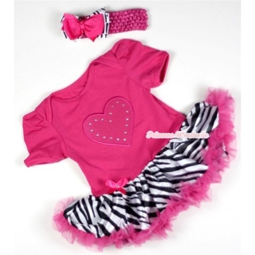 Hot Pink Baby Jumpsuit Hot Pink Zebra Pettiskirt With Hot Pink Heart Print With Hot Pink Headband Hot Pink Zebra Ribbon Bow JS084 