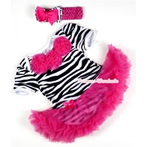 Zebra Baby Jumpsuit Hot Pink Pettiskirt With Hot Pink Rosettes With Hot Pink Headband Hot Pink Zebra Bow JS091 