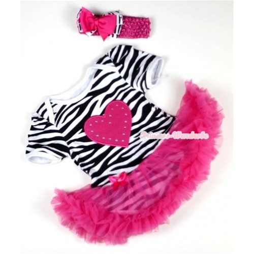 Zebra Baby Jumpsuit Hot Pink Pettiskirt With Hot Pink Heart Print With Hot Pink Headband Hot Pink Zebra Ribbon Bow JS092 