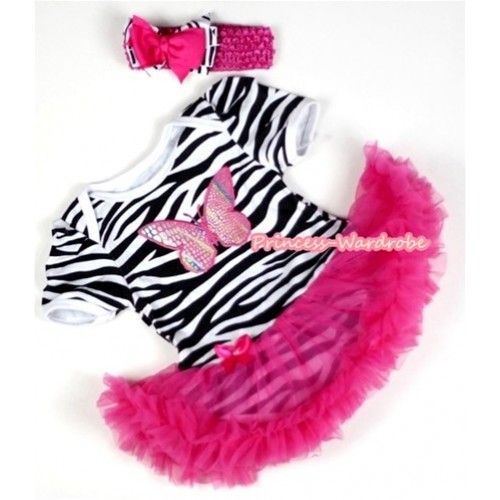 Zebra Baby Jumpsuit Hot Pink Pettiskirt With Rainbow Butterfly Print With Hot Pink Headband Hot Pink Zebra Ribbon Bow JS093 
