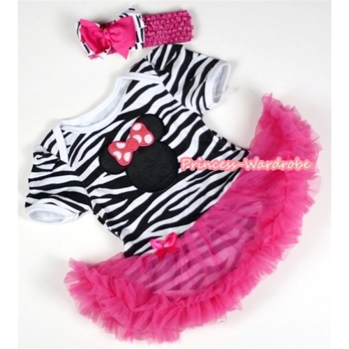 Zebra Baby Jumpsuit Hot Pink Pettiskirt With Hot Pink Minnie Print With Hot Pink Headband Hot Pink Zebra Ribbon Bow JS094 