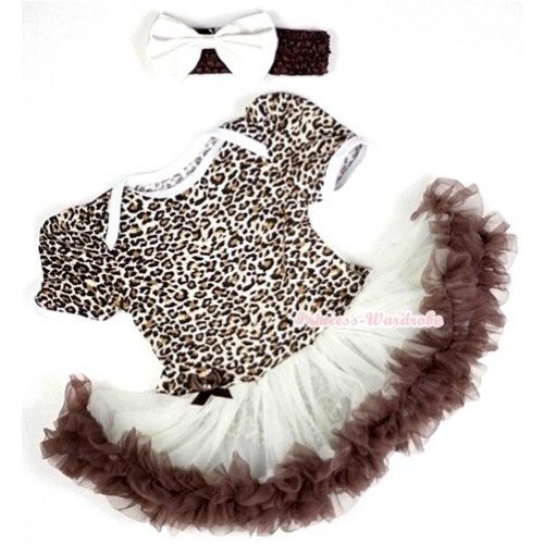Leopard Baby Jumpsuit Cream White Brown Pettiskirt With Brown Headband White Satin Bow JS096 