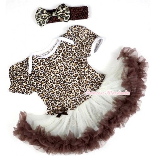 Leopard Baby Jumpsuit Cream White Brown Pettiskirt With Brown Headband Black Leopard Satin Bow JS097 