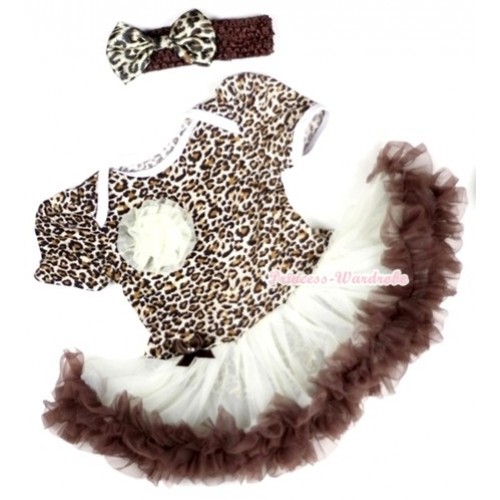 Leopard Baby Jumpsuit Cream White Brown Pettiskirt With One Cream White Rose With Brown Headband Black Leopard Satin Bow JS098 
