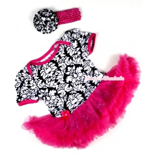 Hot Pink Damask Baby Jumpsuit Hot Pink Pettiskirt With Hot Pink Headband Damask Rosettes JS102 