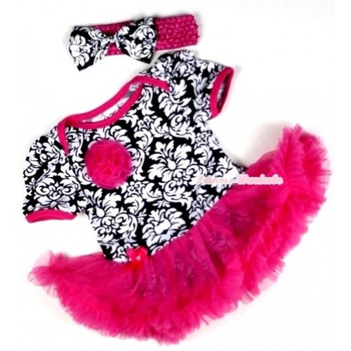 Hot Pink Damask Baby Jumpsuit Hot Pink Pettiskirt With One Hot Pink Rose With Hot Pink Headband Damask Satin Bow JS104 