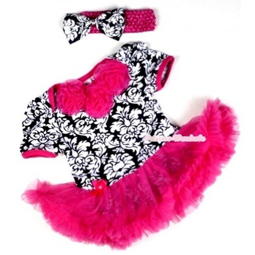 Hot Pink Damask Baby Jumpsuit Hot Pink Pettiskirt With Hot Pink Rosettes With Hot Pink Headband Damask Satin Bow JS105 