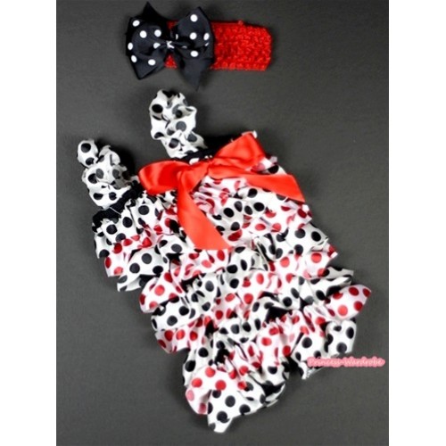 Red Black Polka Dots Petti Romper with Red Bow & Straps with Red Headband Black White Polka Dots Bow Set RH98 