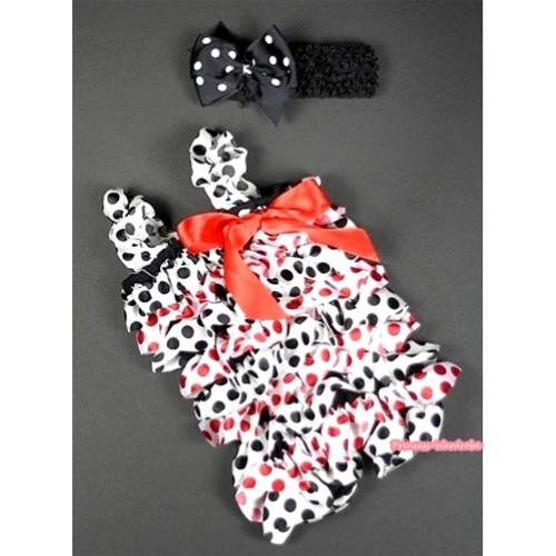 Red Black Polka Dots Petti Romper with Red Bow & Straps with Black Headband Black White Polka Dots Bow Set RH99 