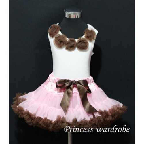 White Tank Tops with Brown Rosettes & Light Pink Brown Pettiskirt M185 