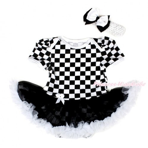 Black White Checked Baby Bodysuit Jumpsuit Black White Pettiskirt With White Headband White Black Ribbon Bow JS2572 