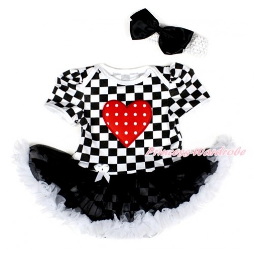 Black White Checked Baby Bodysuit Jumpsuit Black White Pettiskirt With Red White Dots Heart Print With White Headband Black Silk Bow JS2575 
