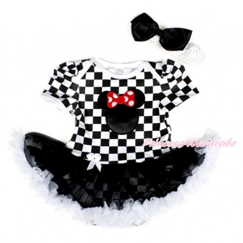 Black White Checked Baby Bodysuit Jumpsuit Black White Pettiskirt With Minnie Print With White Headband Black Silk Bow JS2577 