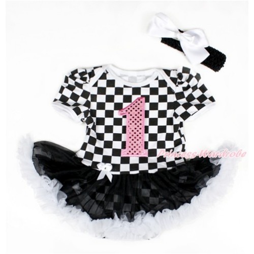 Black White Checked Baby Bodysuit Jumpsuit Black White Pettiskirt With 1st Sparkle Light Pink Birthday Number Print With Black Headband White Silk Bow JS2584 