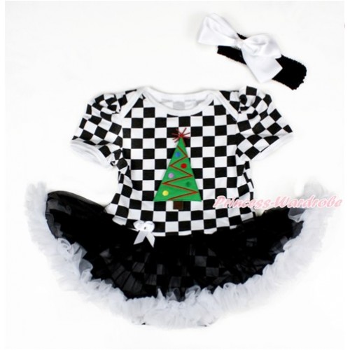 Xmas Black White Checked Baby Bodysuit Jumpsuit Black White Pettiskirt With Christmas Tree Print With Black Headband White Silk Bow JS2586 