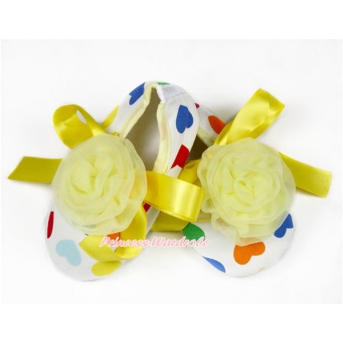 Baby Rainbow Heart Yellow Ribbon Crib Shoes with Yellow Rosettes S620 