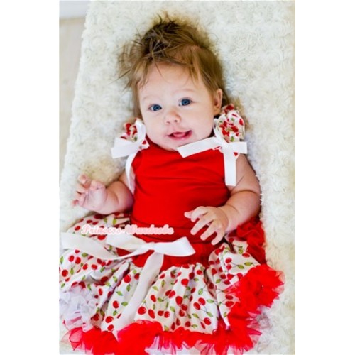 Hot Red Baby Pettitop & White Cherry Ruffles & White Bows with White Cherry Baby Pettiskirt NG1037 
