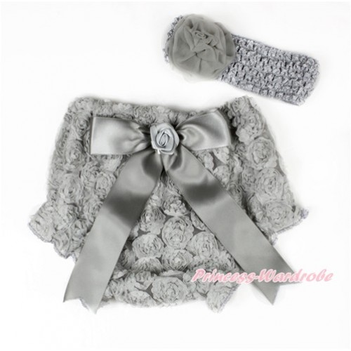 Grey Romantic Rose Panties Bloomers With Grey Bow & Grey Headband Grey Rosettes BA05 
