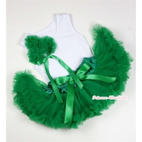 White Baby Pettitop with Bunch of Kelly Green Rosettes &Kelly Green Bow with Kelly Green Newborn Pettiskirt  NG1088 