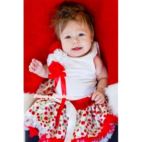 White Baby Pettitop with Bunch of Red White Rosettes &Red Bow with White Cherry Newborn Pettiskirt  NG1089 