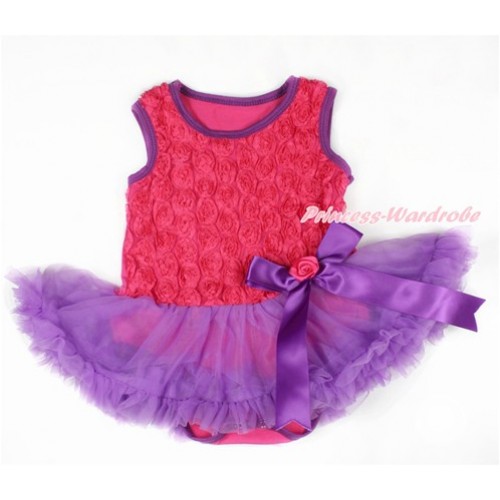 Valentine's Day Hot Pink Romantic Rose Baby Bodysuit Jumpsuit Dark Purple Pettiskirt & Dark Purple Bow JS2589 